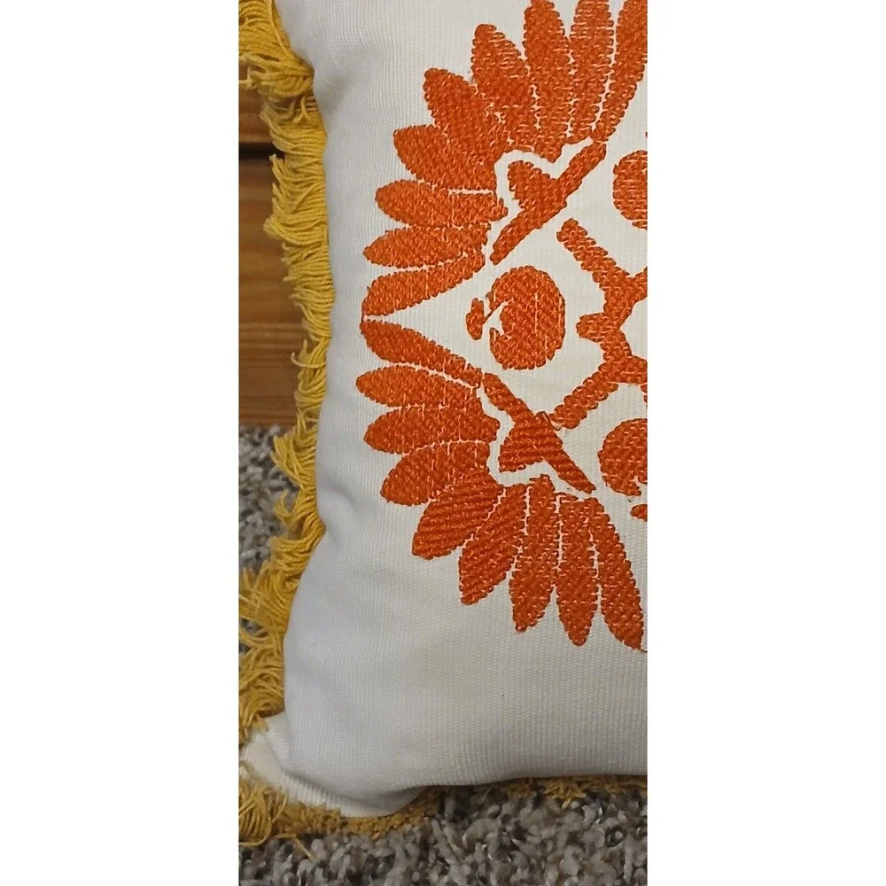 Crate And Barrel Lumbar Down Pillow 12x24 Fall Yellow Rust Plum Boho Embroidered